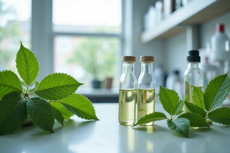 Foglie verdi e provette in un laboratorio, simbolo di scienza e natura