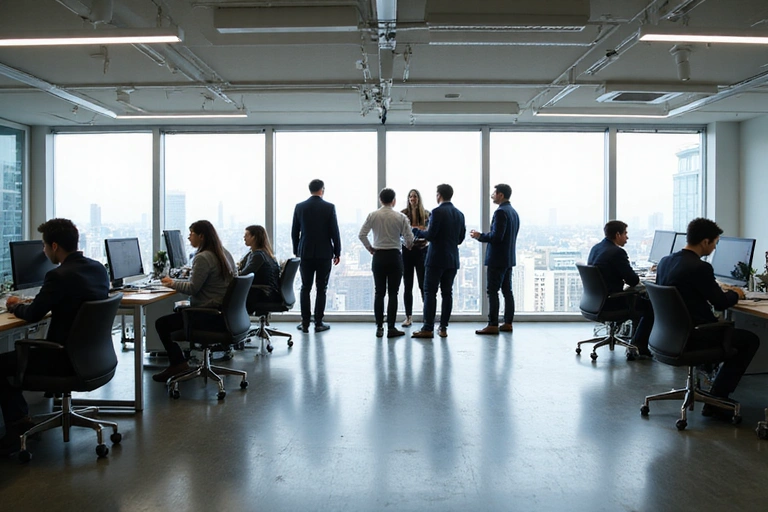 Vista panoramica dell'ufficio moderno con persone che collaborano, che riflette un ambiente di lavoro dinamico e accogliente.