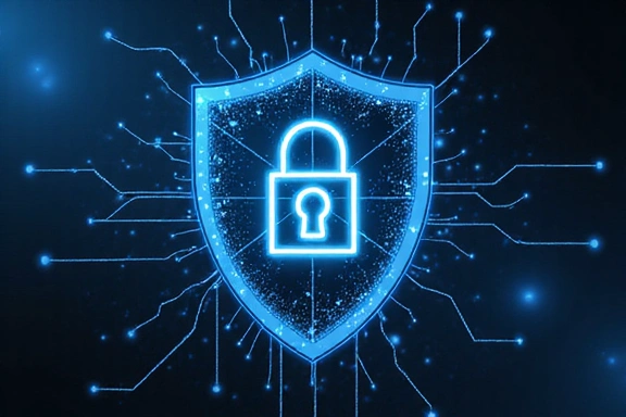 Scudo protettivo digitale con un lucchetto al centro, che indica la sicurezza informatica